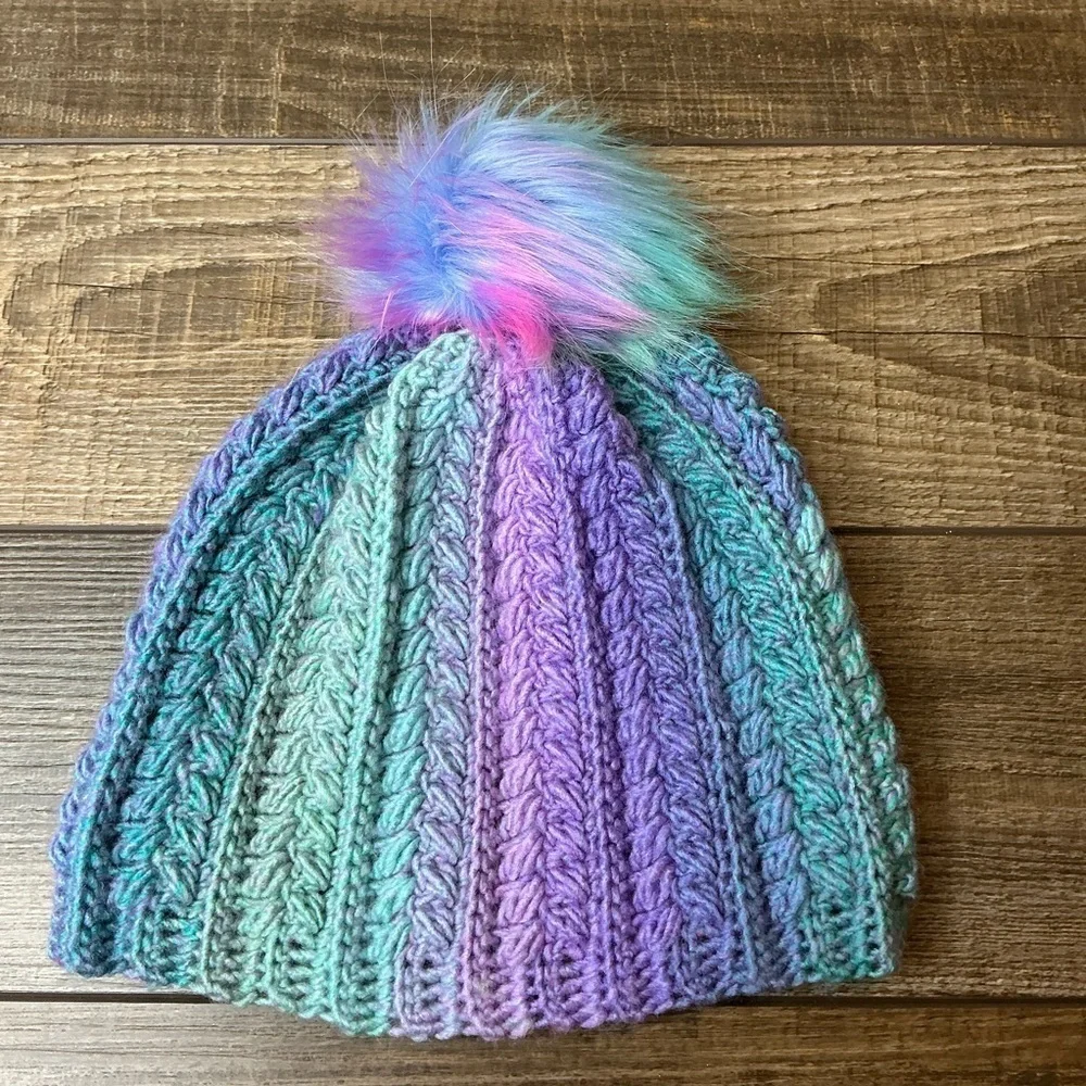 Handcrafted Crochet Winter Hat Blue Purple Snowy Wheat Knit Beanie with Pom Pom